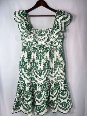Women's Green White Eyelet Ruffled Tiered Mini Dress Pockets